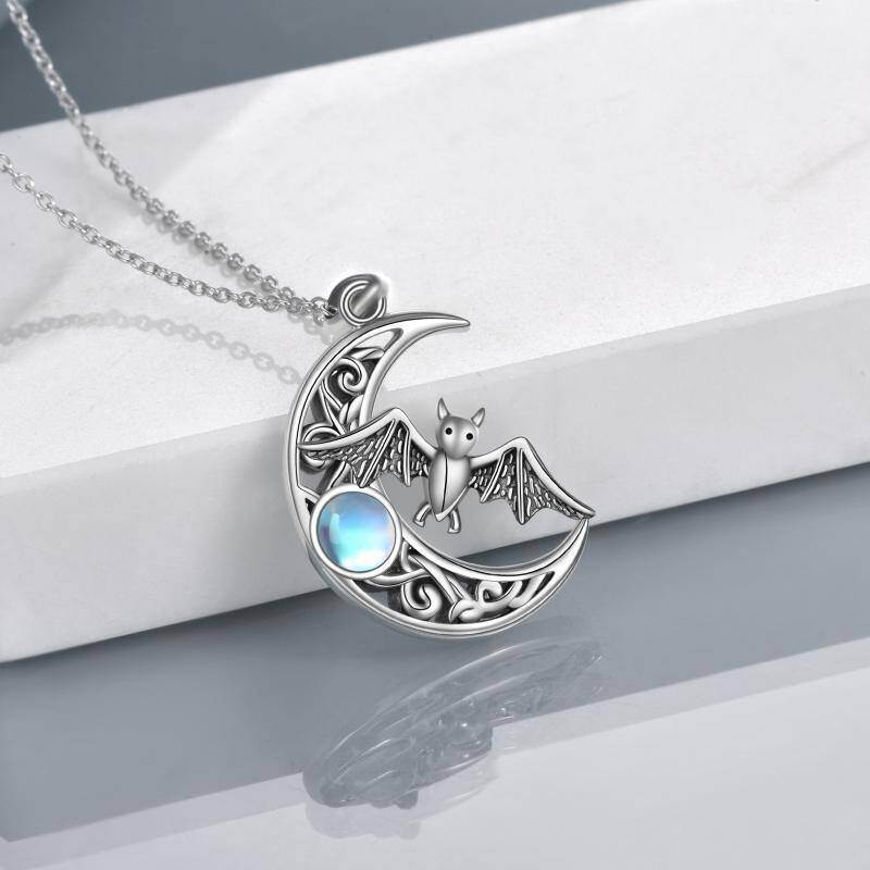 Collar con colgante de murciélago y luna de piedra lunar de plata de ley con nudo celta para mujer-4