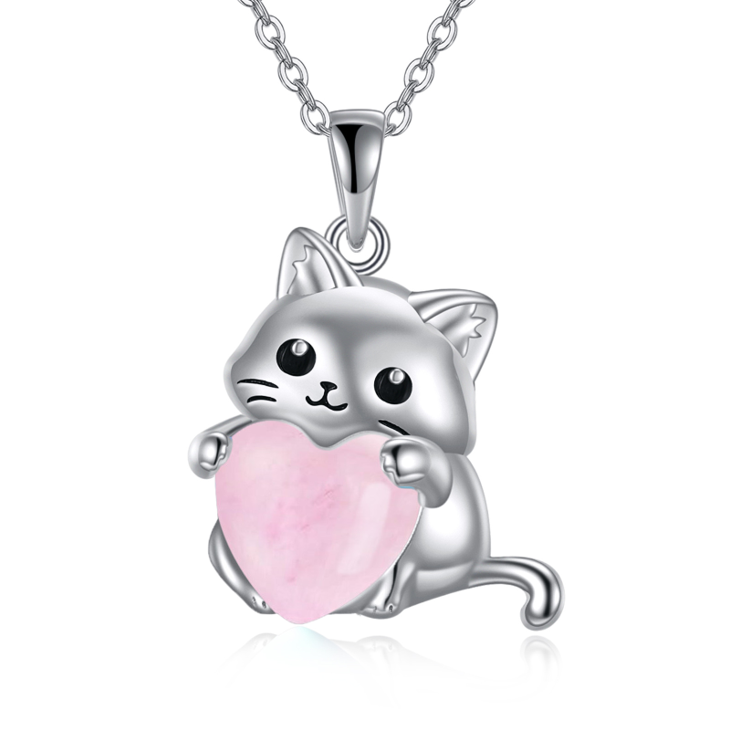 Sterling Silver Moonstone Cat & Heart Necklace for Women-12