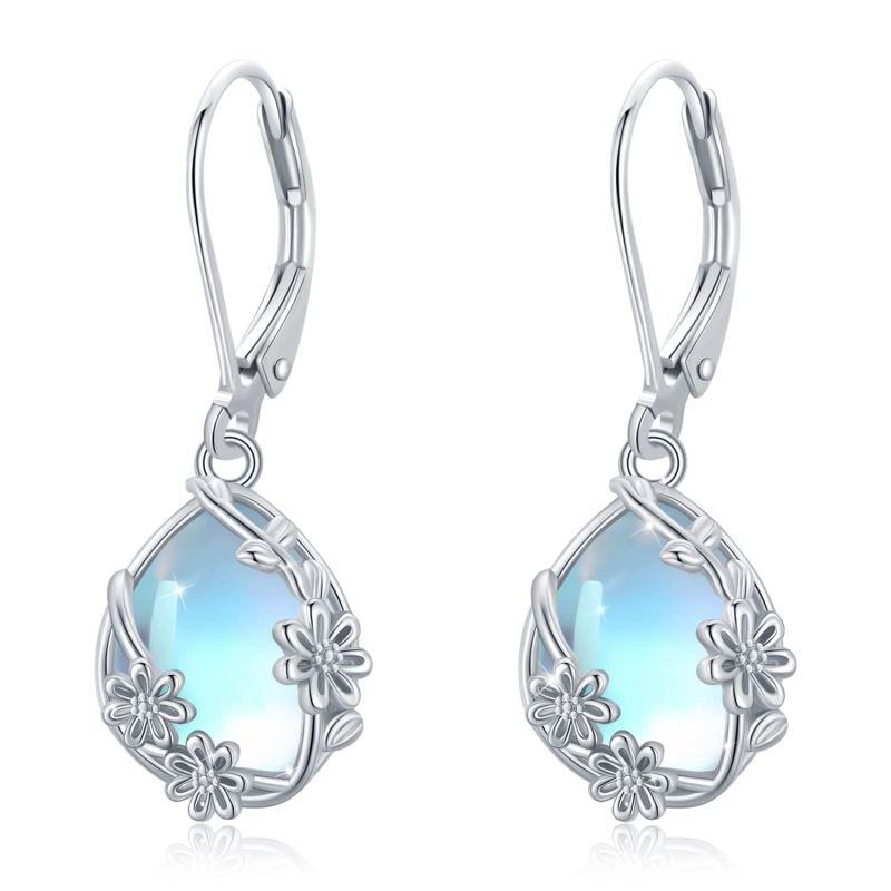 Sterling Silver Moonstone Daisy & Drop Shape Lever-back Earrings-10