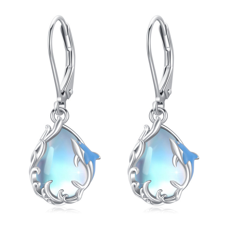 Pendientes de plata de ley con forma de delfín y gota de piedra de luna-19