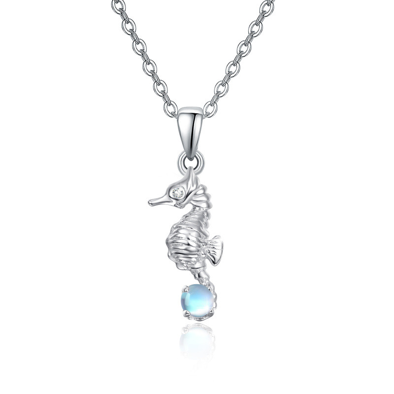 Collier avec pendentif cheval de mer en pierre de lune en argent sterling-1