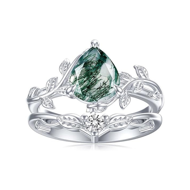 Anillo de plata de ley con forma de gota y hojas de ágata musgosa-2