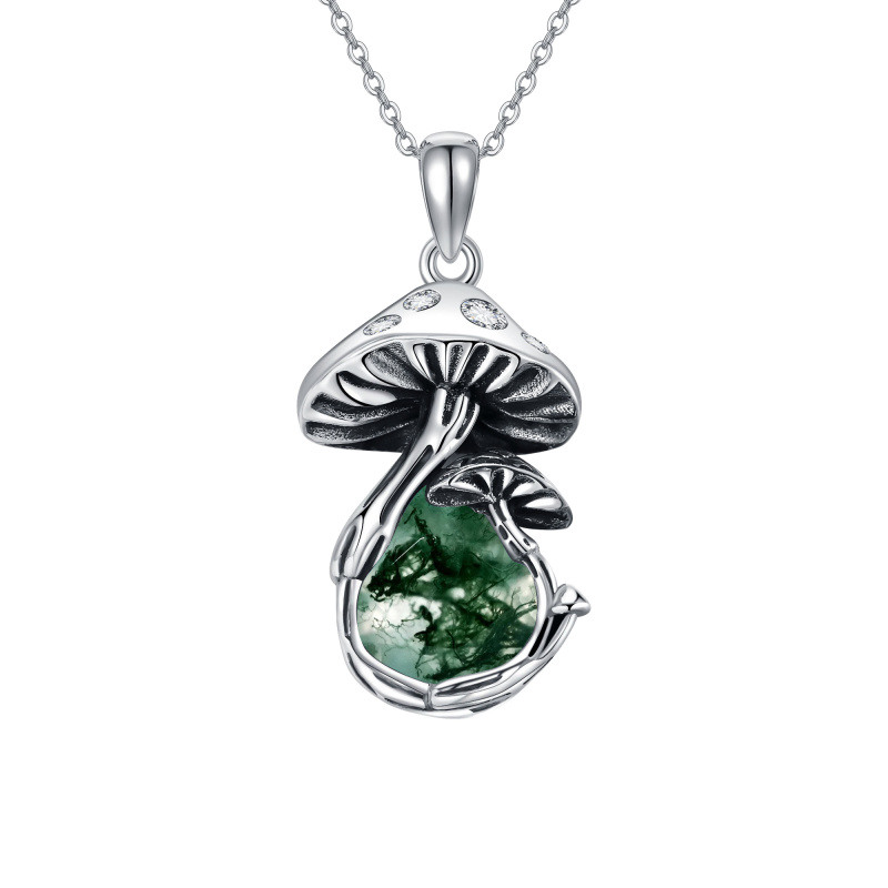 Halskette aus Moosachat-Pilz aus Sterlingsilber für Damen und Herren-1