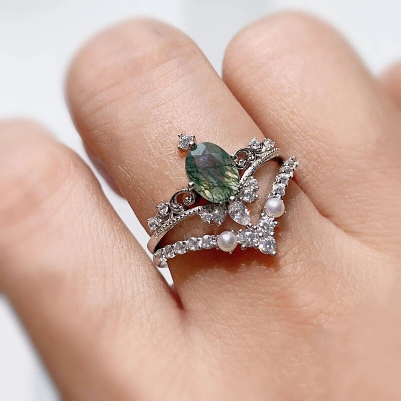 Anillo de compromiso de plata de ley con ágata musgosa de talla ovalada y rama de olivo-2