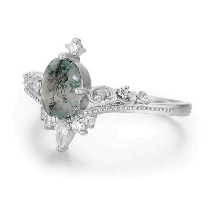 Anillo de compromiso de plata de ley con ágata musgosa de talla ovalada y rama de olivo-3