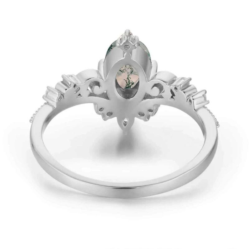 Anillo de compromiso de plata de ley con ágata musgosa de talla ovalada y rama de olivo-4
