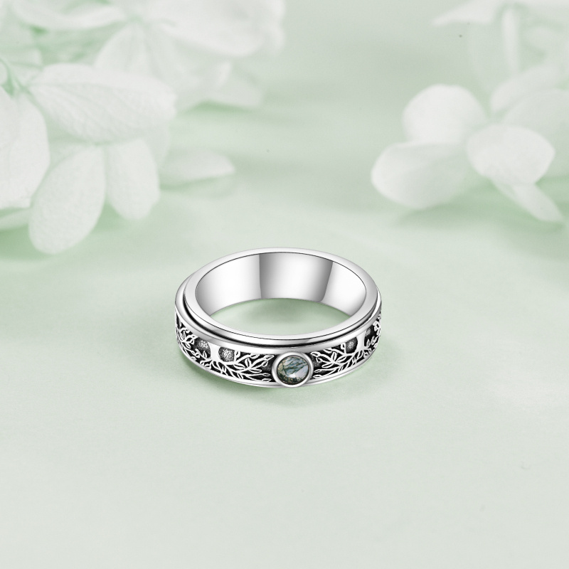 Anillo giratorio de plata de ley con ágata musgosa y árbol de la vida-3