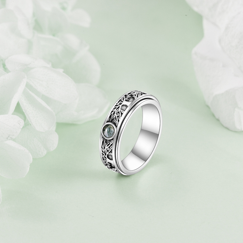 Anillo giratorio de plata de ley con ágata musgosa y árbol de la vida-4