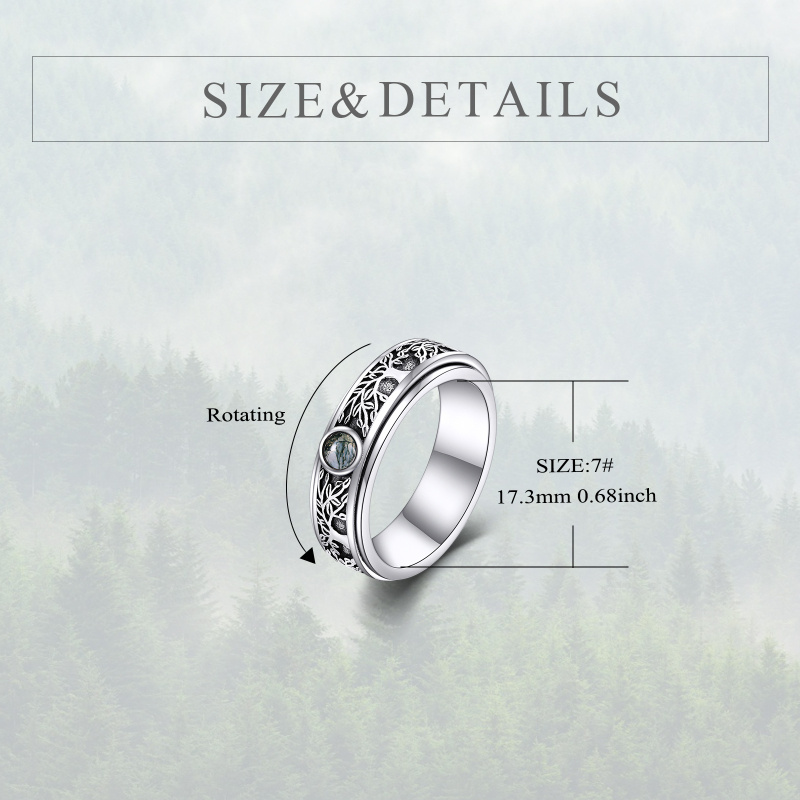 Anillo giratorio de plata de ley con ágata musgosa y árbol de la vida-5