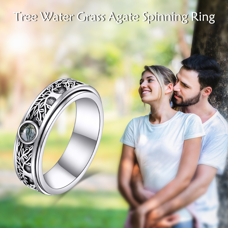 Anillo giratorio de plata de ley con ágata musgosa y árbol de la vida-6