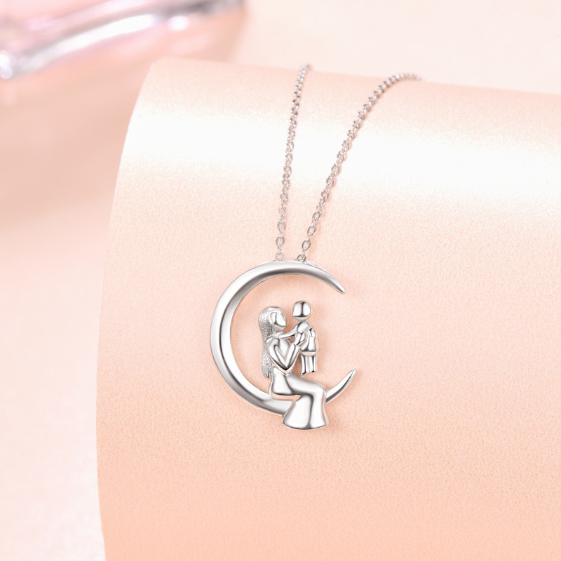 Collar con colgante de luna y madre hija de plata de ley para mamá-4