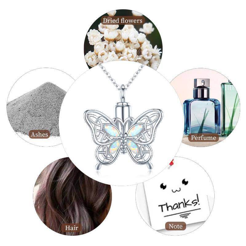 Collar de urna con nudo celta de mariposa de ópalo de plata de ley para cenizas-4