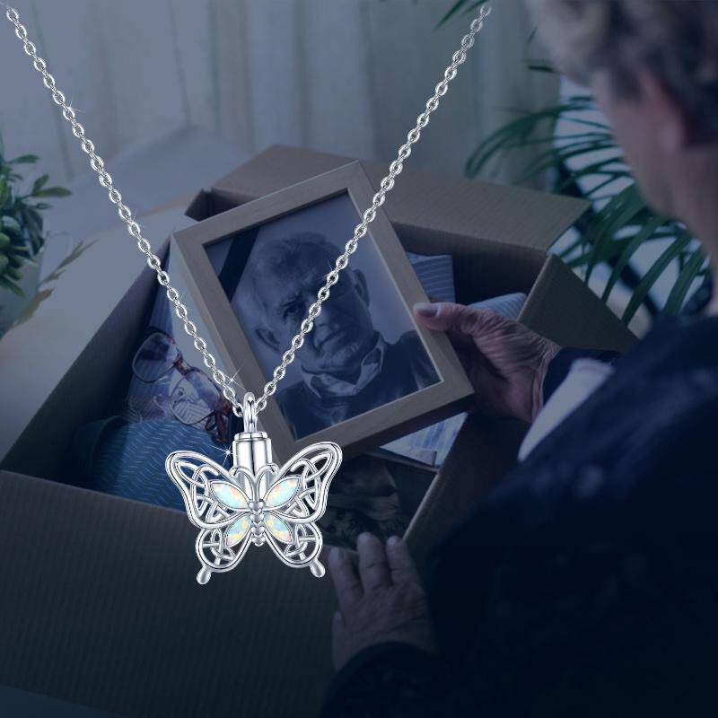 Collar de urna con nudo celta de mariposa de ópalo de plata de ley para cenizas-5