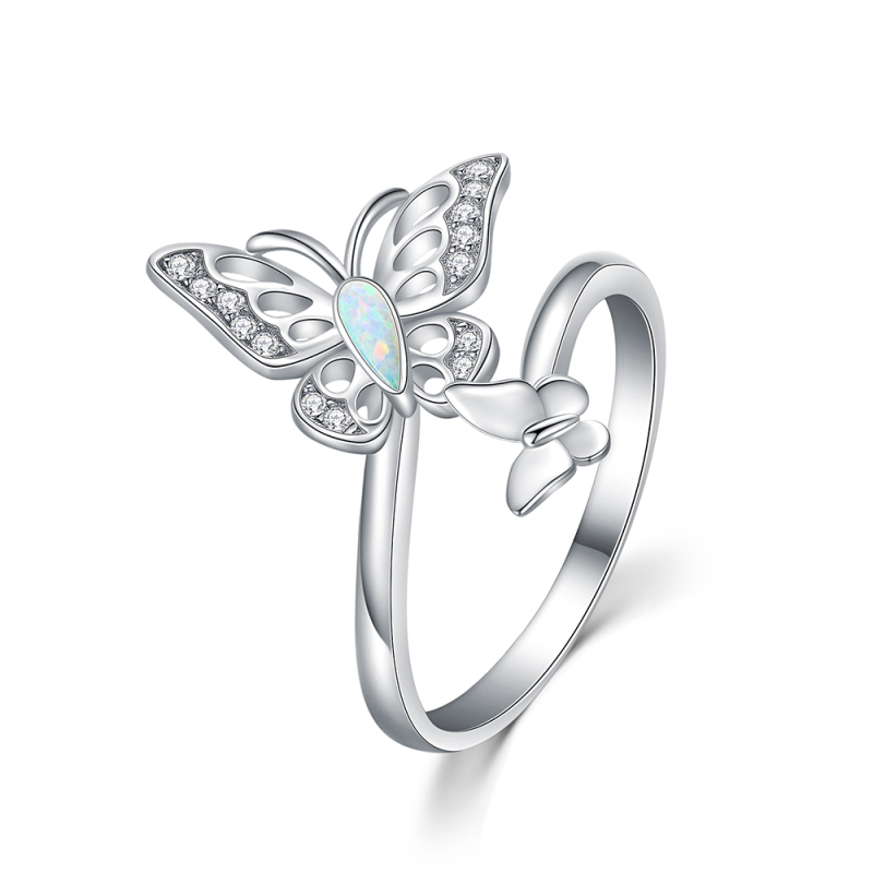 Anillo abierto de mariposa con ópalo en plata de ley-9