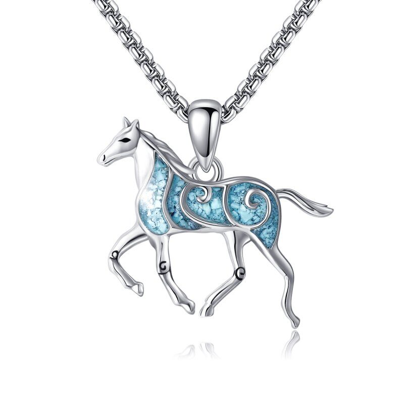 Collier pendentif cheval en or blanc 14 carats et opale-1