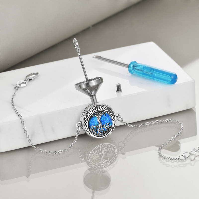 Pulsera de plata de ley con ópalo, árbol de la vida y nudo celta para cenizas con palabra-4