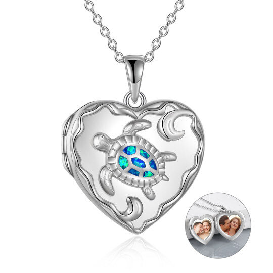 Collar con medallón personalizado de plata de ley, ópalo y corazón de tortuga con palabra grabada para mujer.