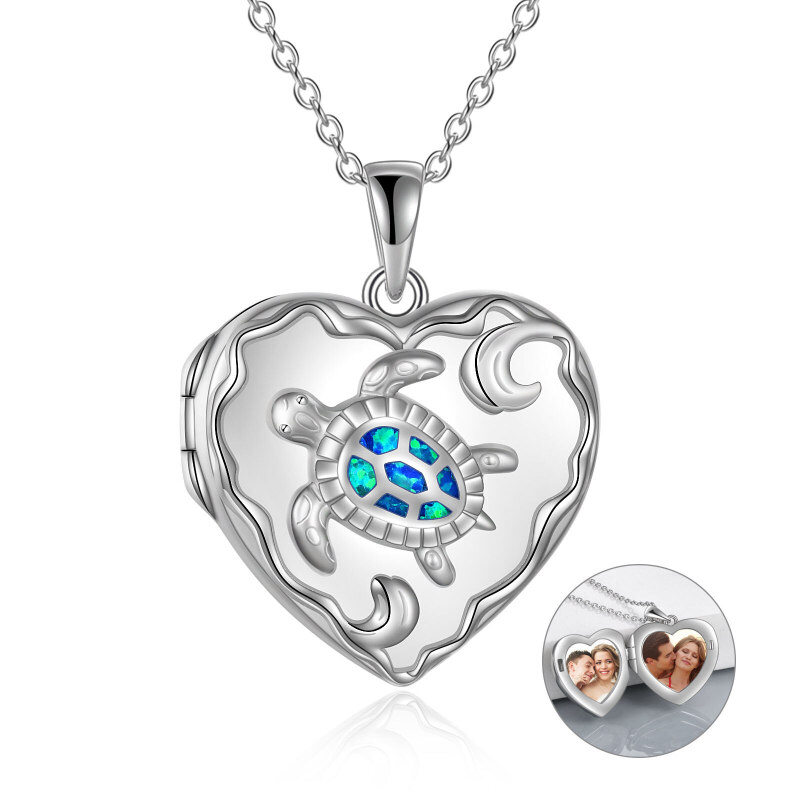 Collar con medallón personalizado de plata de ley, ópalo y corazón de tortuga con palabra grabada para mujer.-6