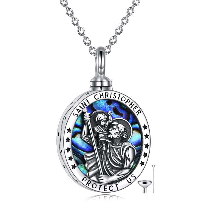 Collar de urna para cenizas de San Cristóbal con concha de abulón ovalada de plata de ley y palabra grabada-4