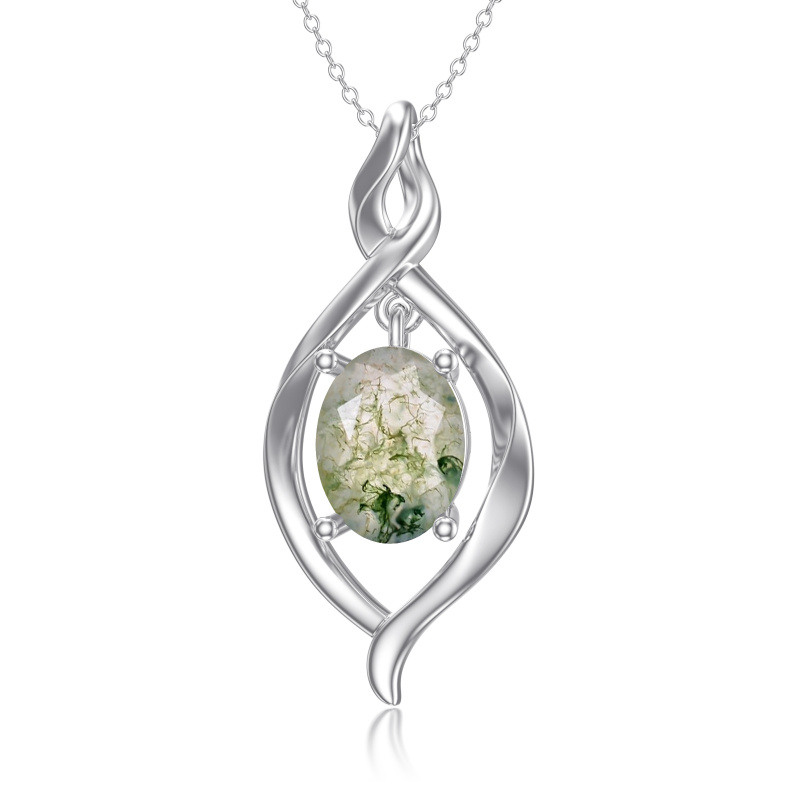 Sterling Silber Oval Moos Achat Unendlichkeit Symbol Anhänger Halskette-13