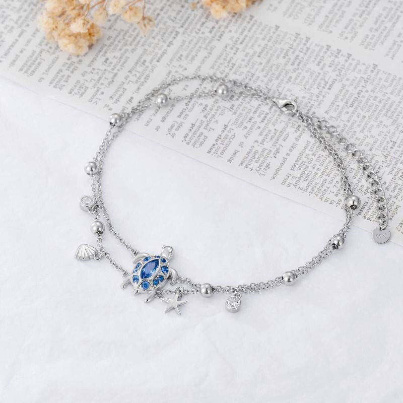 Sterling Silber Oval geformte Zirkonia Meeresschildkröte Seestern Lagenarmband-3