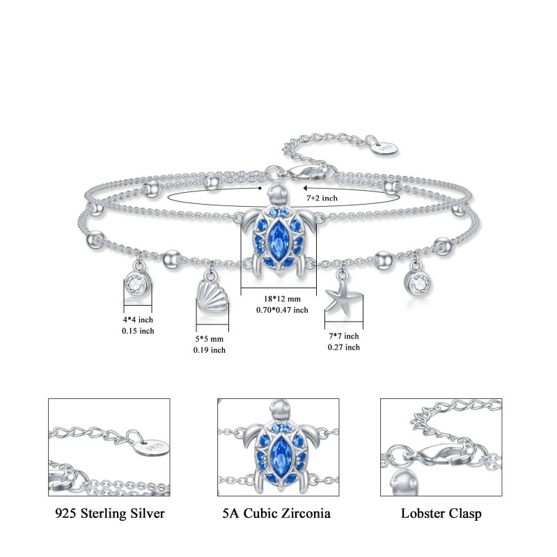 Sterling Silber Oval geformte Zirkonia Meeresschildkröte Seestern Lagenarmband-6