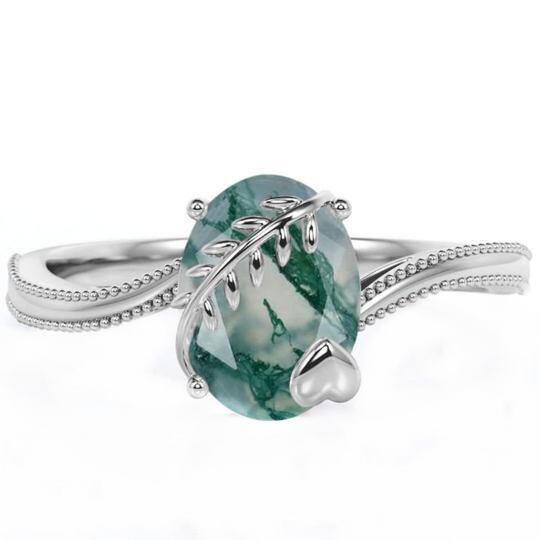 Verlobungsring aus Sterlingsilber mit ovalem Moosachat und Herz