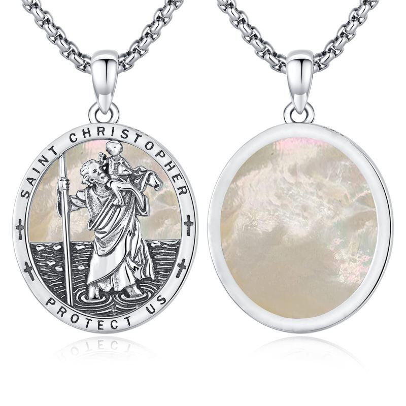 Sterling Silver Oval Shaped Mother Of Pearl Saint Christopher Pendant Necklace with Engraved Word-17