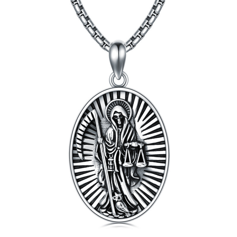 Colar de prata esterlina em forma oval e pendente Santa Muerte Perdoname para homem-3