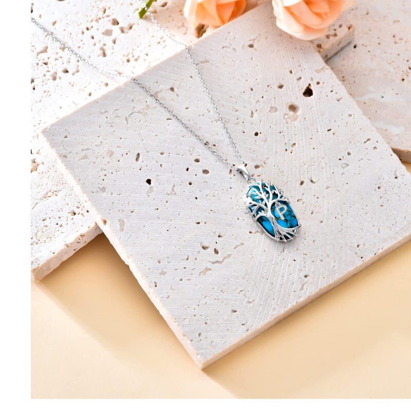 Collar con colgante de árbol de la vida de turquesa con forma ovalada en plata esterlina, con inicial P-4