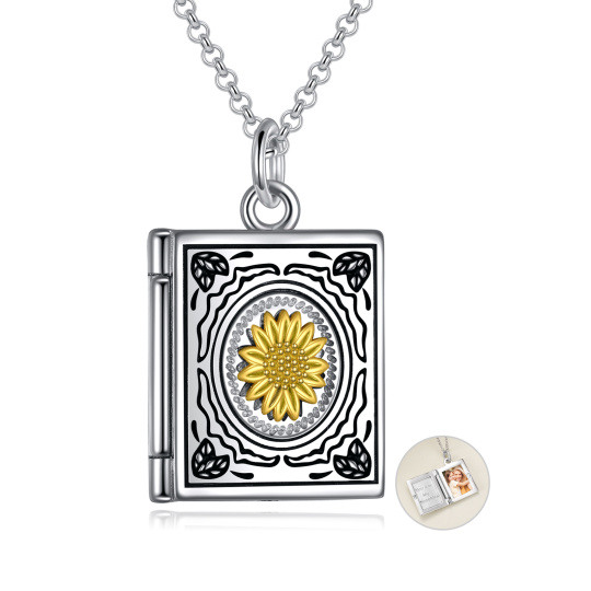 Collar con medallón con foto personalizado de girasol ovalado de plata de ley