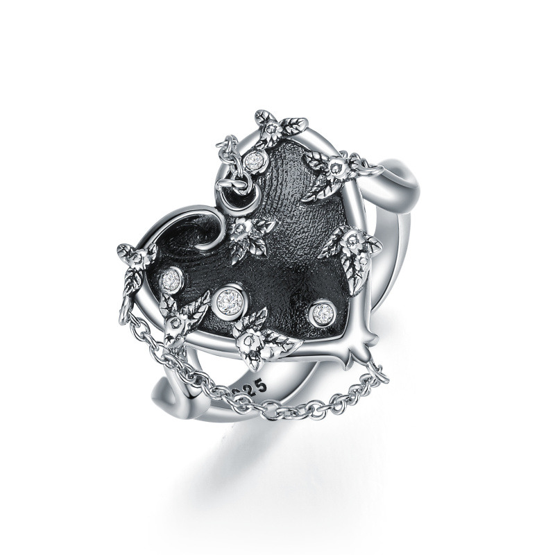 Bague personnalisée en argent sterling avec cœur gothique oxydé pour fille-1