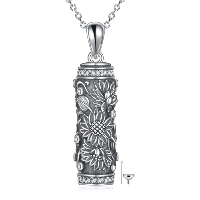 Plata de Ley Oxidada Circón Redondo Girasol Urna Collar para Cenizas-17