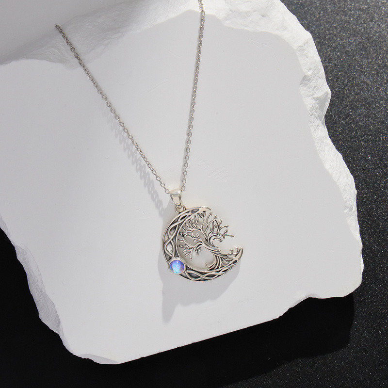 Sterling Silver Oxidized Tree Of Life Crescent Moon & Celtic Knot Necklace-4
