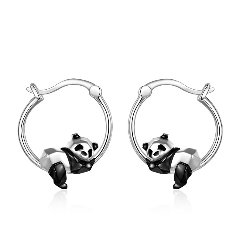 Sterling Silver Panda Hoop Earrings-8