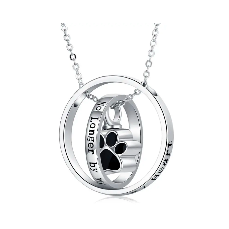 Sterling Silver Paw & Circle Urn Necklace for Ashes with Engraved Word-19