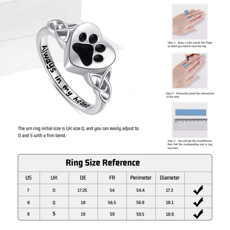 Coeur de patte en argent sterling avec anneau d’urne de noeud celtique pour les cendres-7