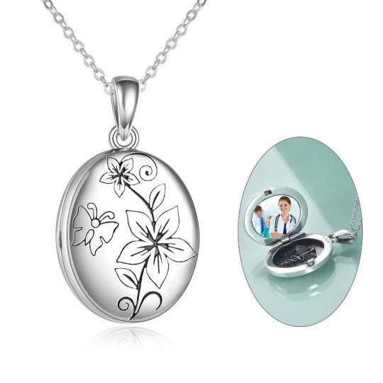 Colar com medalhão com foto personalizada em flor de pêssego em prata esterlina