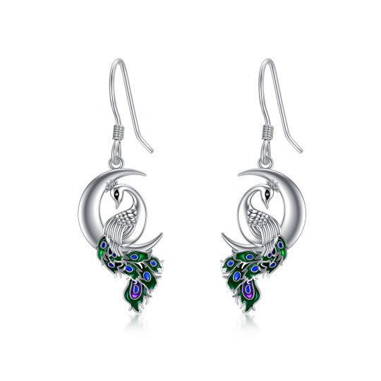 Pendants d'oreilles paon et lune en argent sterling