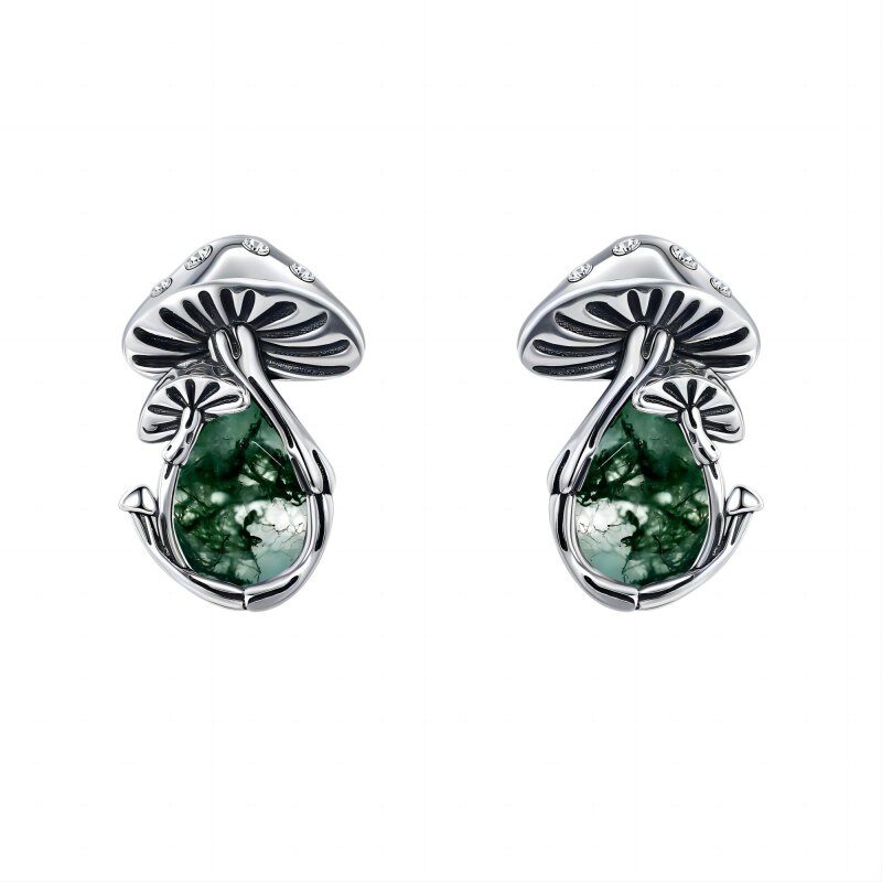 Sterling Silber Birne geformt Moos Achat Pilz Ohrstecker-3