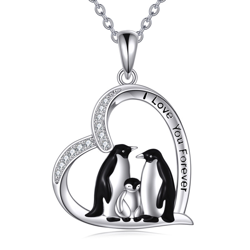 Collar de plata de ley con colgante de corazón de familia de pingüinos con palabra grabada-20