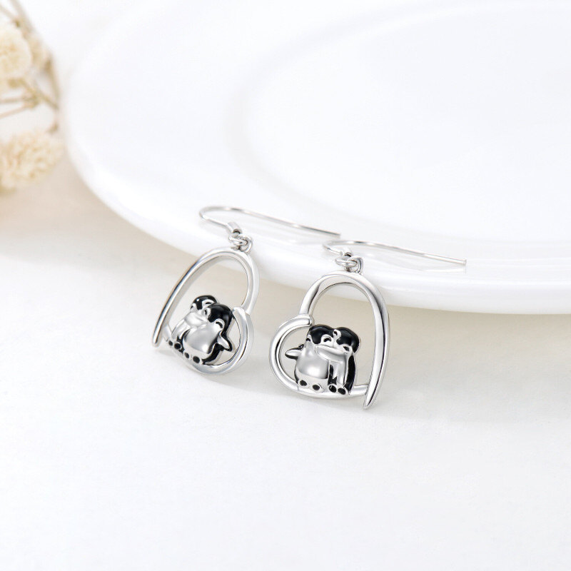 Pendientes de plata de ley con forma de pingüino y corazón-3