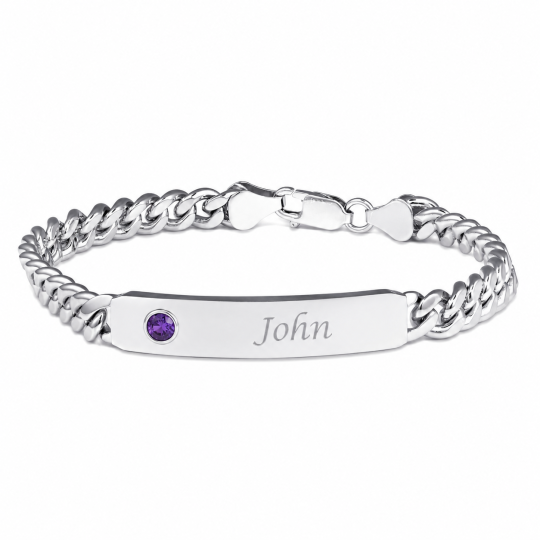 Pulseira de prata de lei personalizada com pedra de nascimento gravada para identificação masculina.