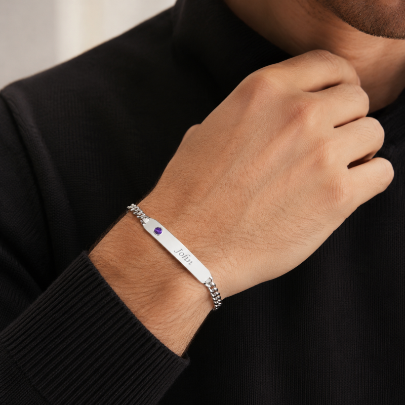 18K White Gold Personalized Birthstone & Engraved Identification Bracelet for Men-2