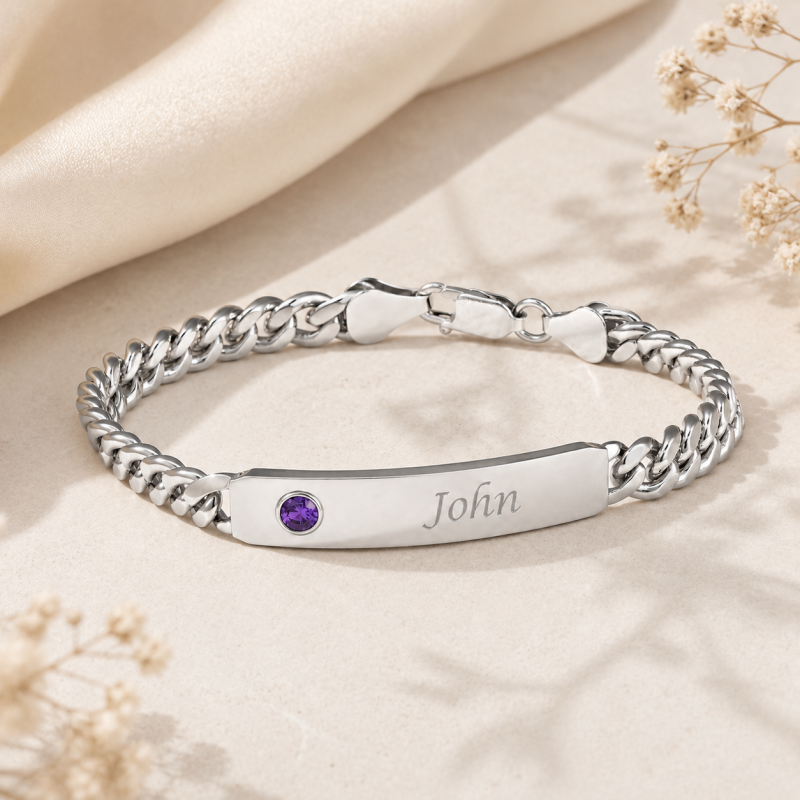 18K White Gold Personalized Birthstone & Engraved Identification Bracelet for Men-3