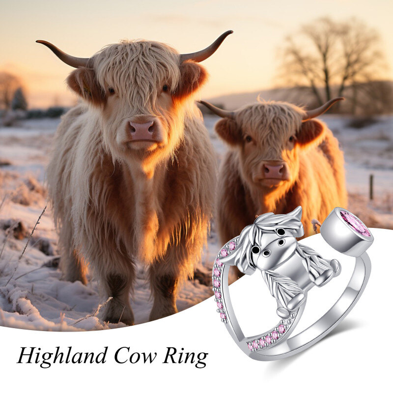 Sterling Silver Personalized Birthstone Highland Cow Open Ring for Women-6