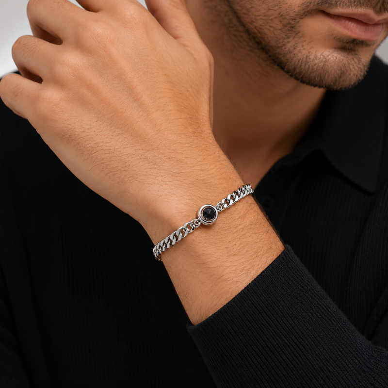 18K White Gold Personalized Projection Charm Bracelet for Men-3