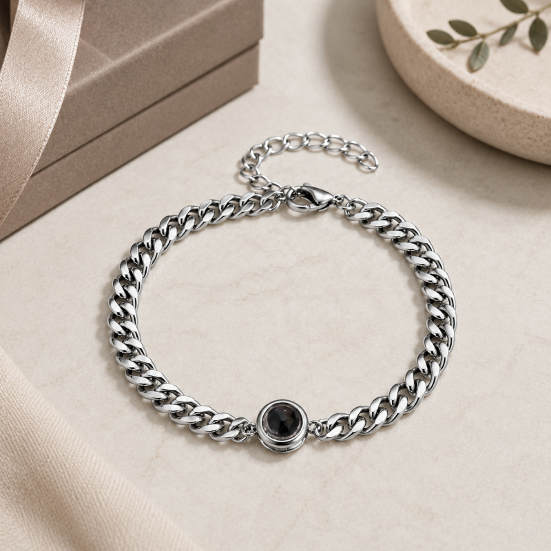 18K White Gold Personalized Projection Charm Bracelet for Men-4