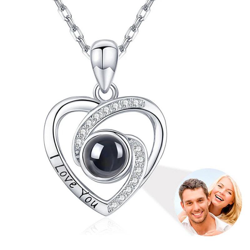 Collar con colgante de corazón con proyección personalizado en plata de ley-9