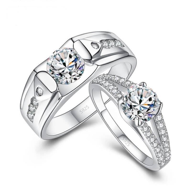 Sterling Silber personalisierte Rundschliff Solitär Fassung Moissanit Paar Eheringe für Männer Frauen-1